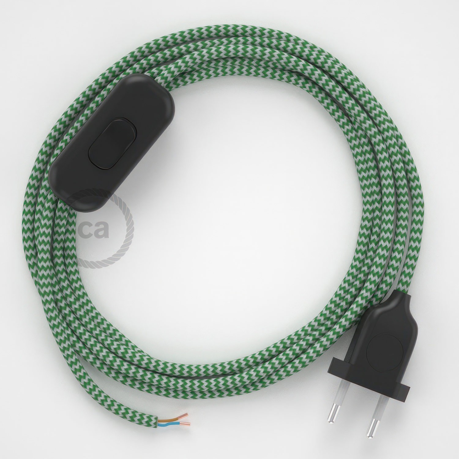 Cableado para lámpara, cable RZ06 Efecto Seda ZigZag Blanco Verde 1,8m. Elige tu el color de la clavija y del interruptor!