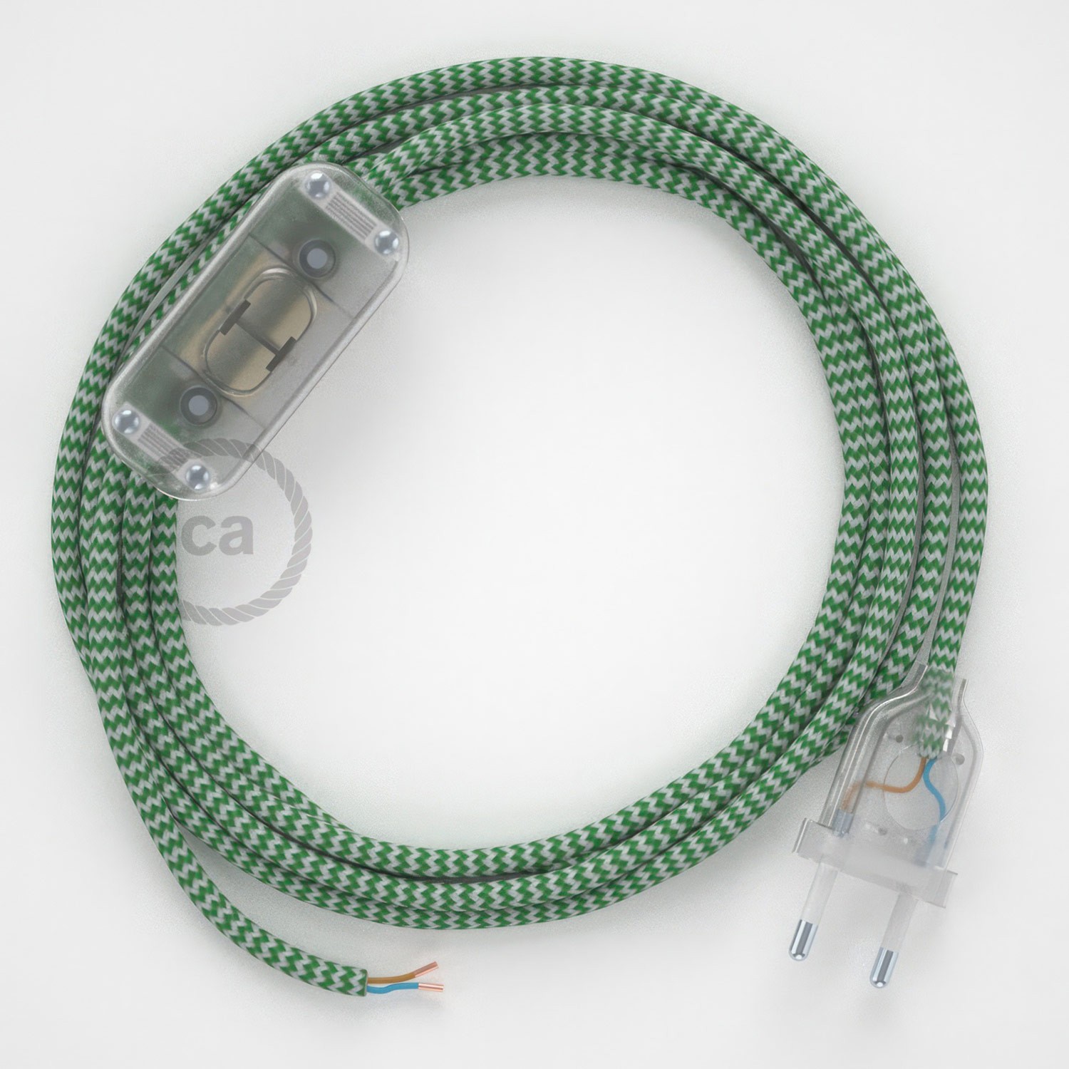 Cableado para lámpara, cable RZ06 Efecto Seda ZigZag Blanco Verde 1,8m. Elige tu el color de la clavija y del interruptor!