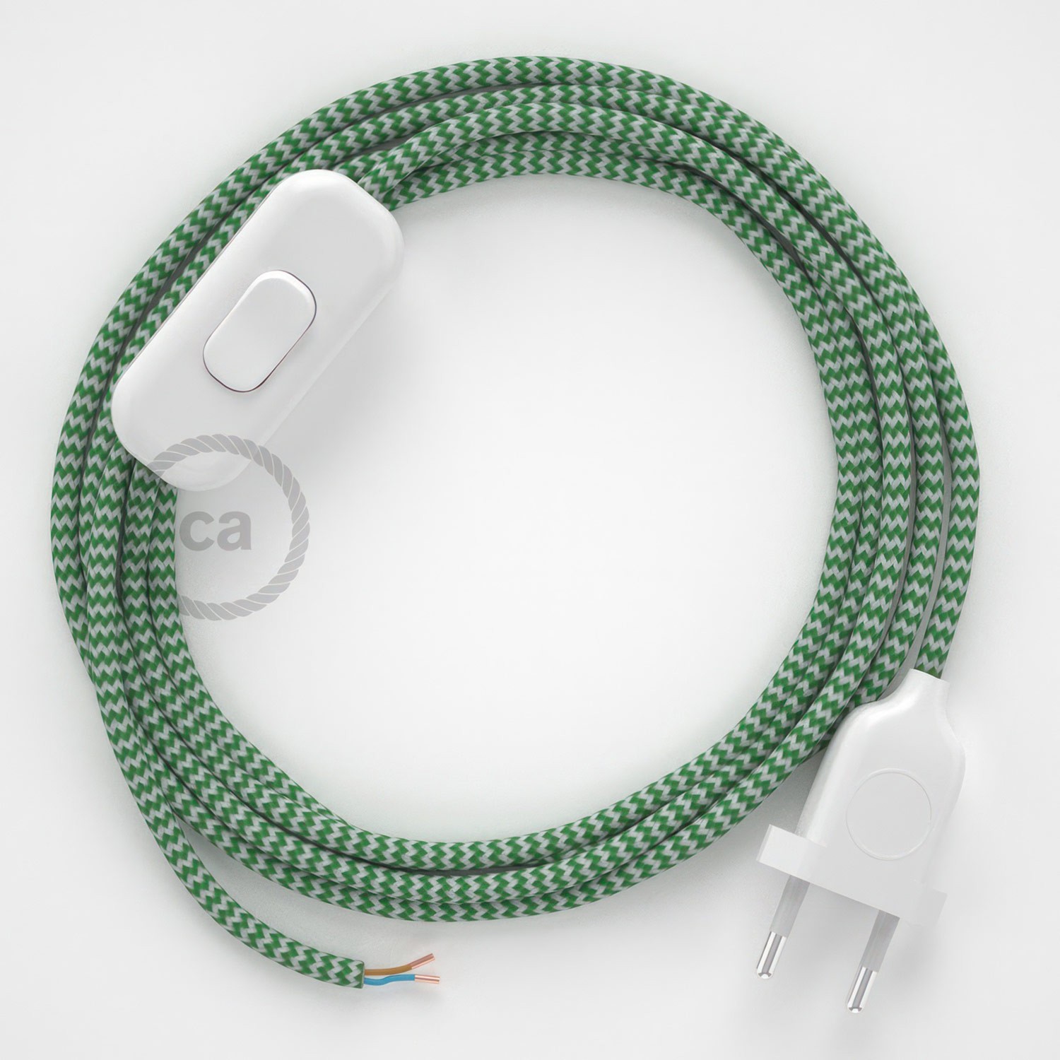 Cableado para lámpara, cable RZ06 Efecto Seda ZigZag Blanco Verde 1,8m. Elige tu el color de la clavija y del interruptor!