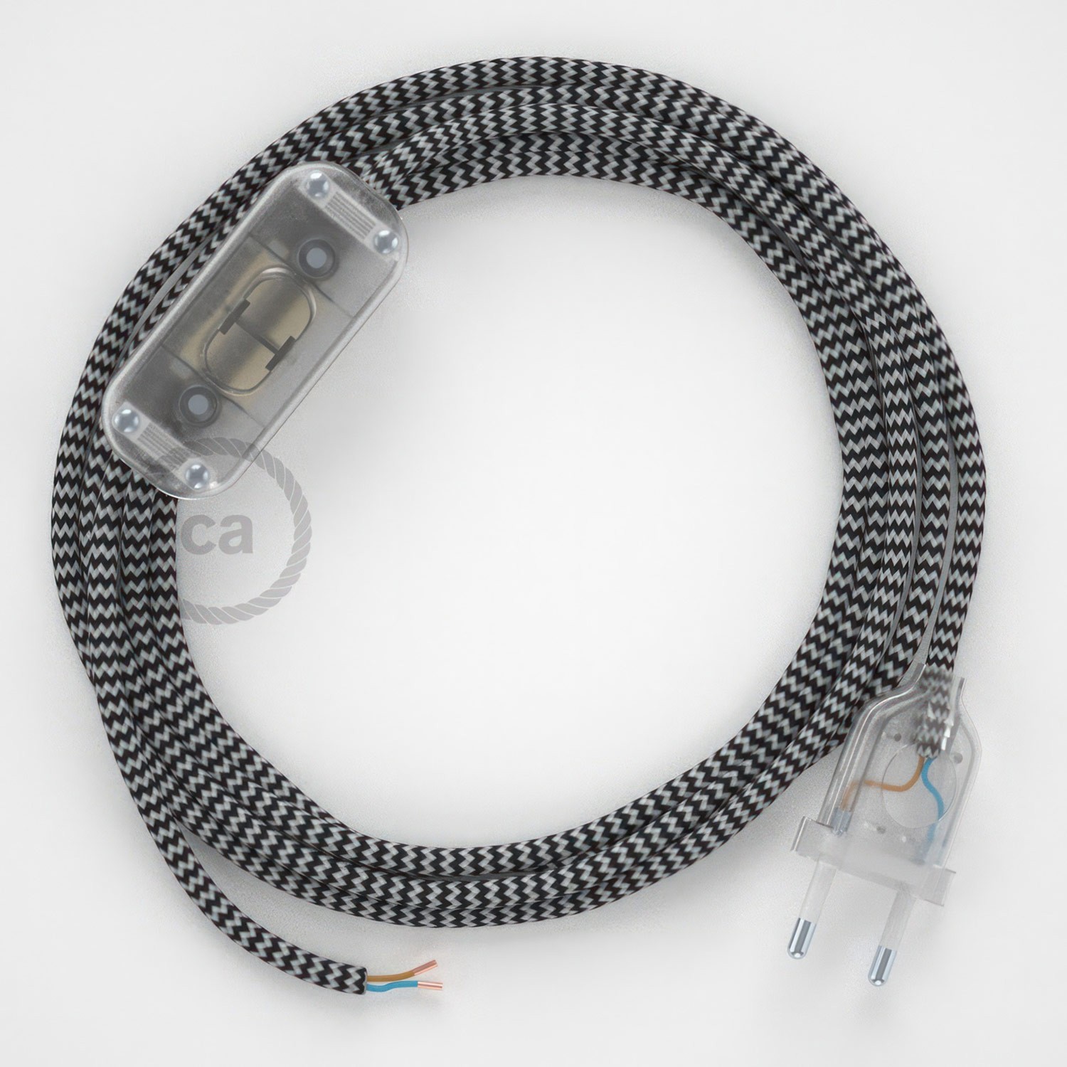 Cableado para lámpara, cable RZ04 Efecto Seda ZigZag Blanco Negro 1,8m. Elige tu el color de la clavija y del interruptor!
