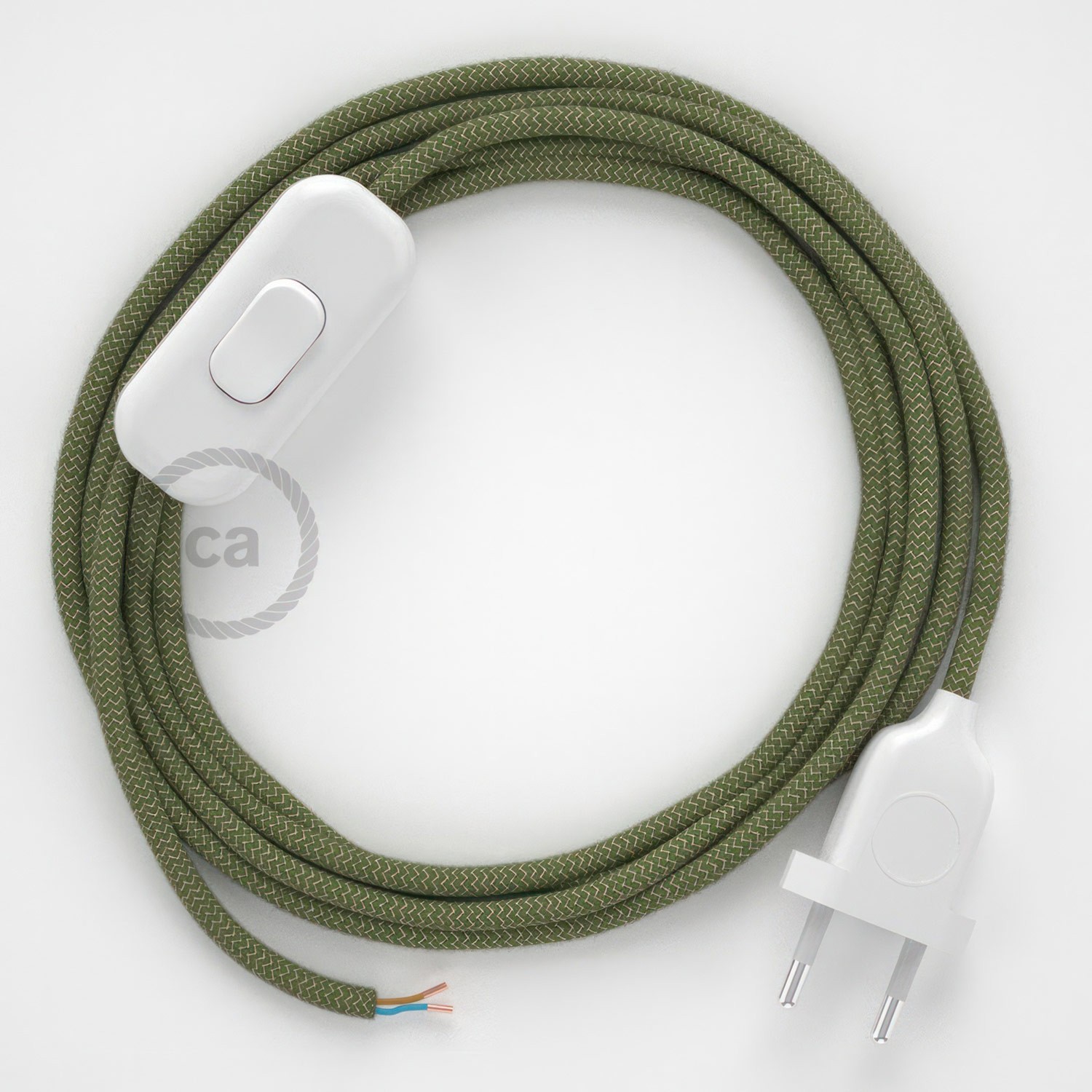 Lamp wiring, RD72 Thyme Green Stripes Cotton and Natural Linen 1,80 m. Choose the colour of the switch and plug.