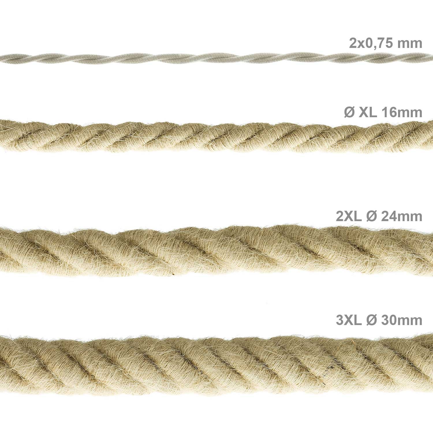 Cordón 2XL, cable eléctrico 3x0,75, recubierto en yute en bruto. Diámetro: 24mm.