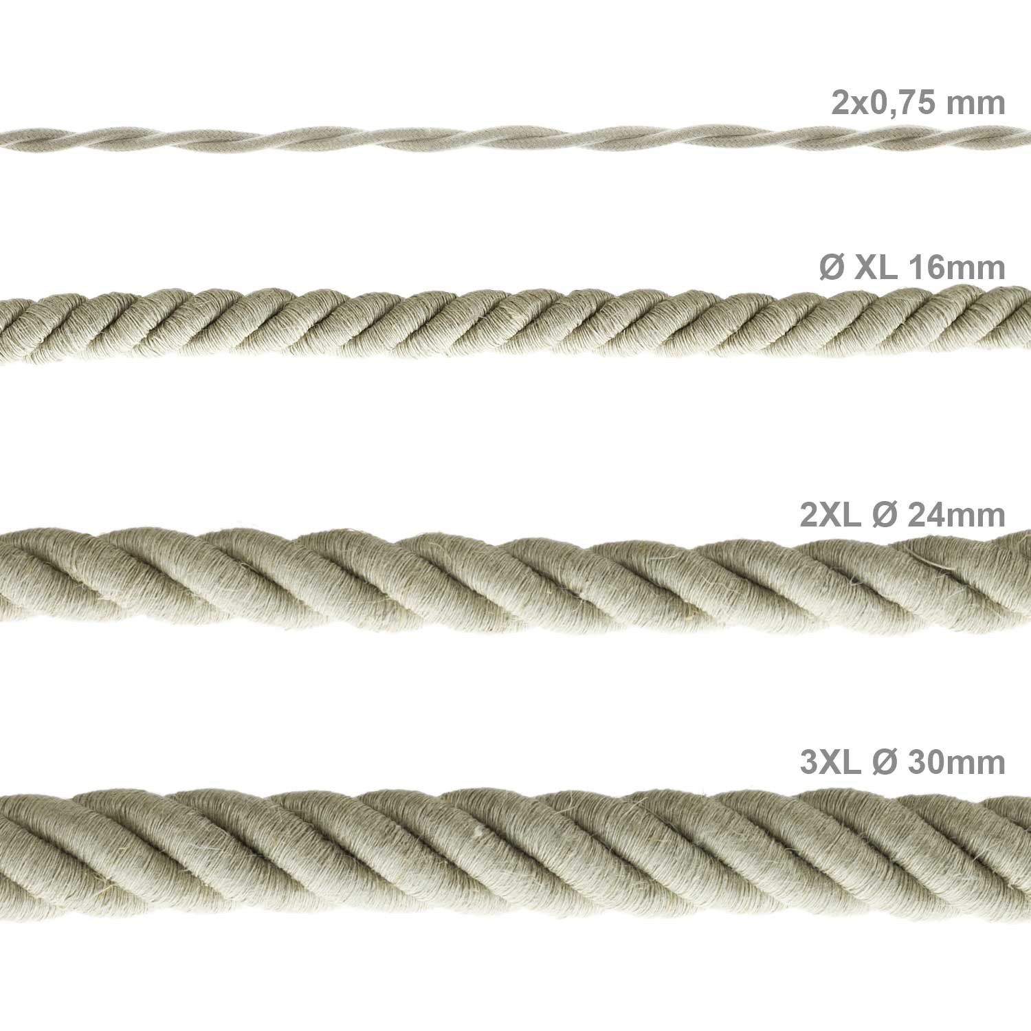 Cordón 2XL, cable eléctrico 3x0,75, recubierto en lino natural. Diámetro: 24mm.