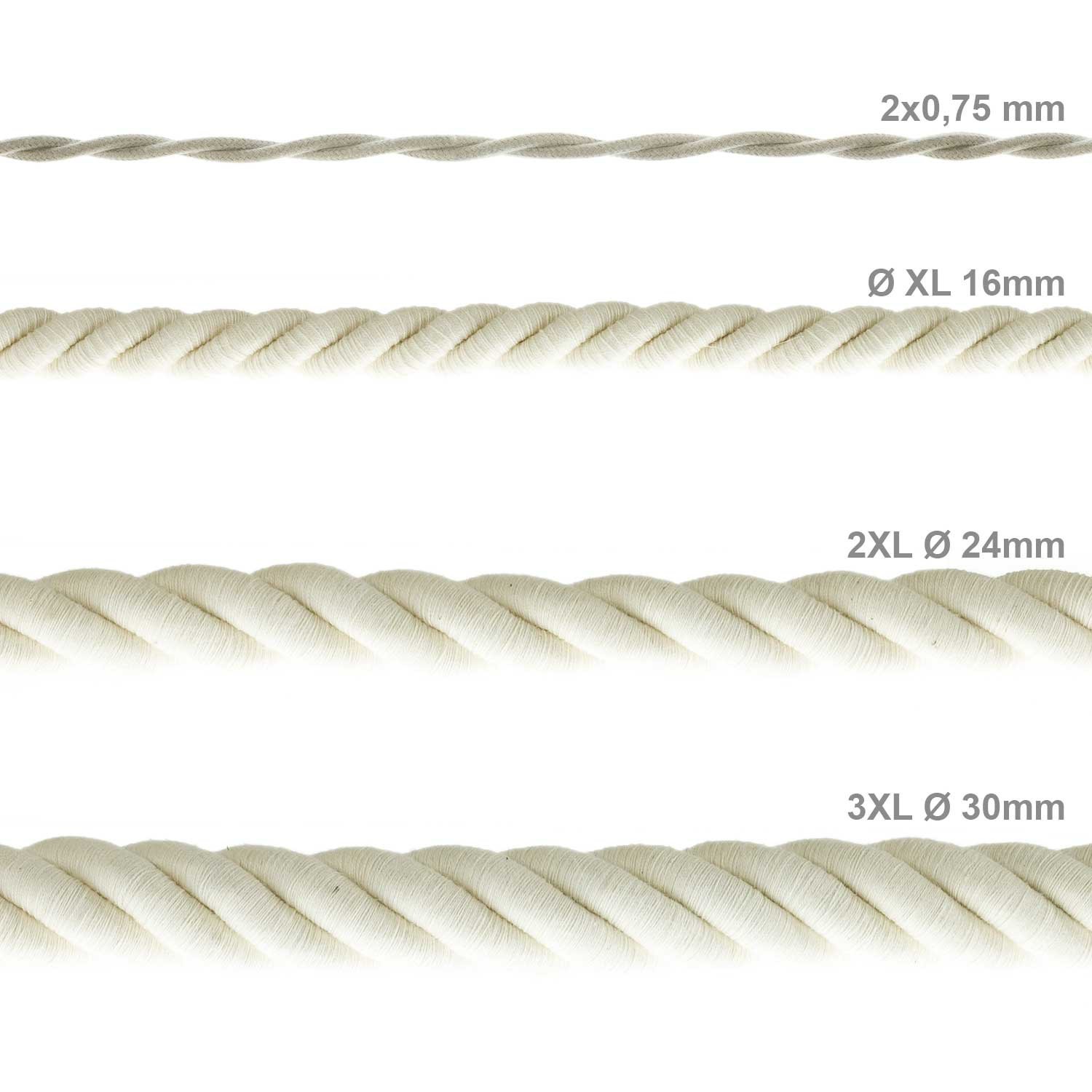 Cordón 2XL, cable eléctrico 3x0,75, recubierto en algodón en bruto. Diámetro: 24mm.