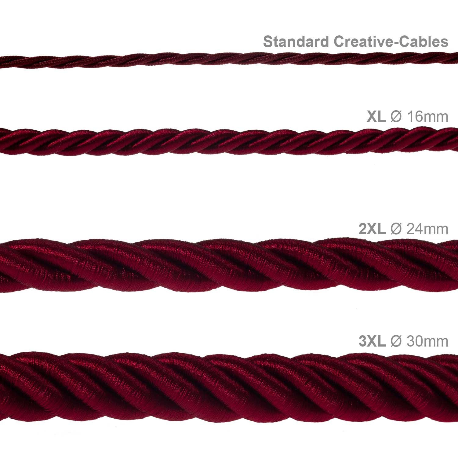 Cordón XL, cable eléctrico 3x0,75, recubierto en tejido bordeos oscuro brillante. Diámetro: 16mm.