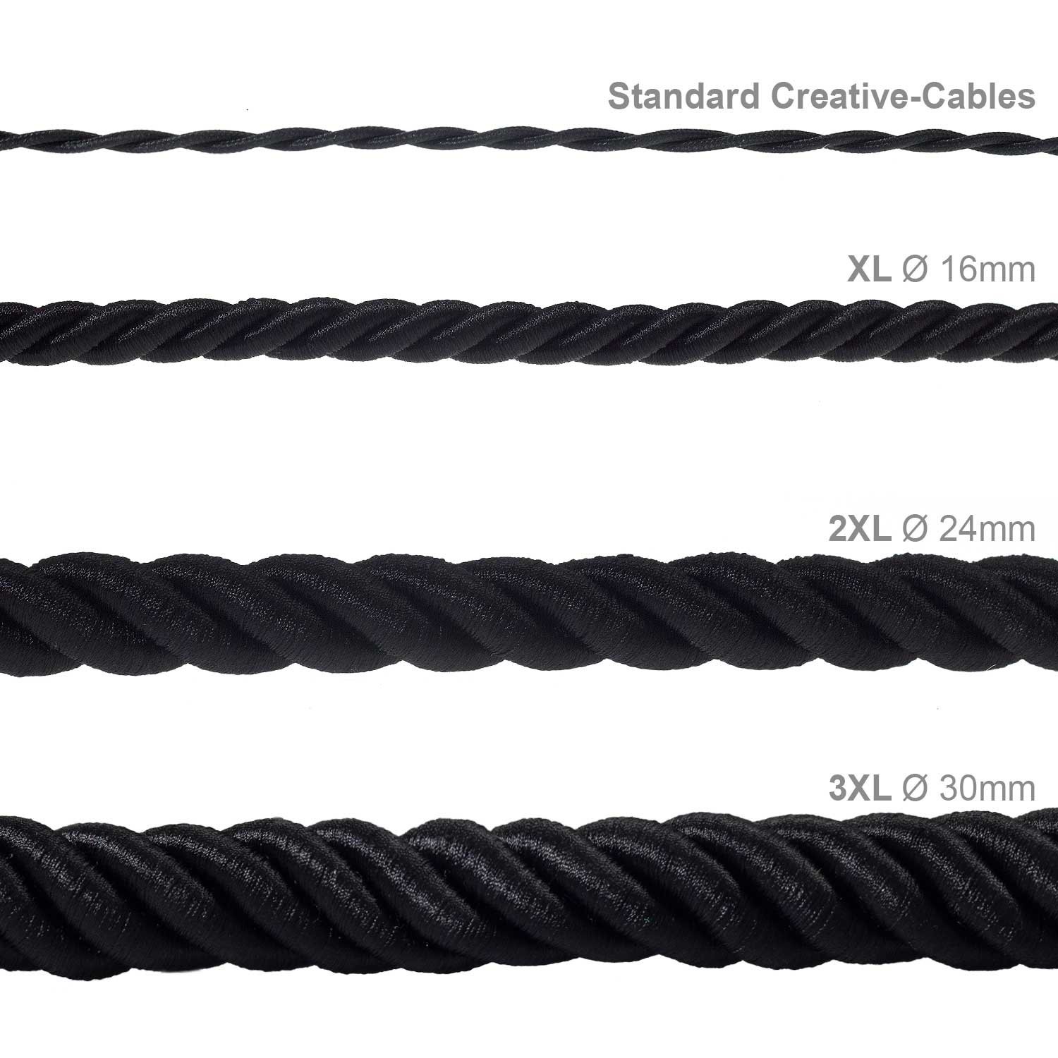 Cordón 3XL, cable eléctrico 3x0,75, recubierto en tejido negro brillante. Diámetro: 30mm.