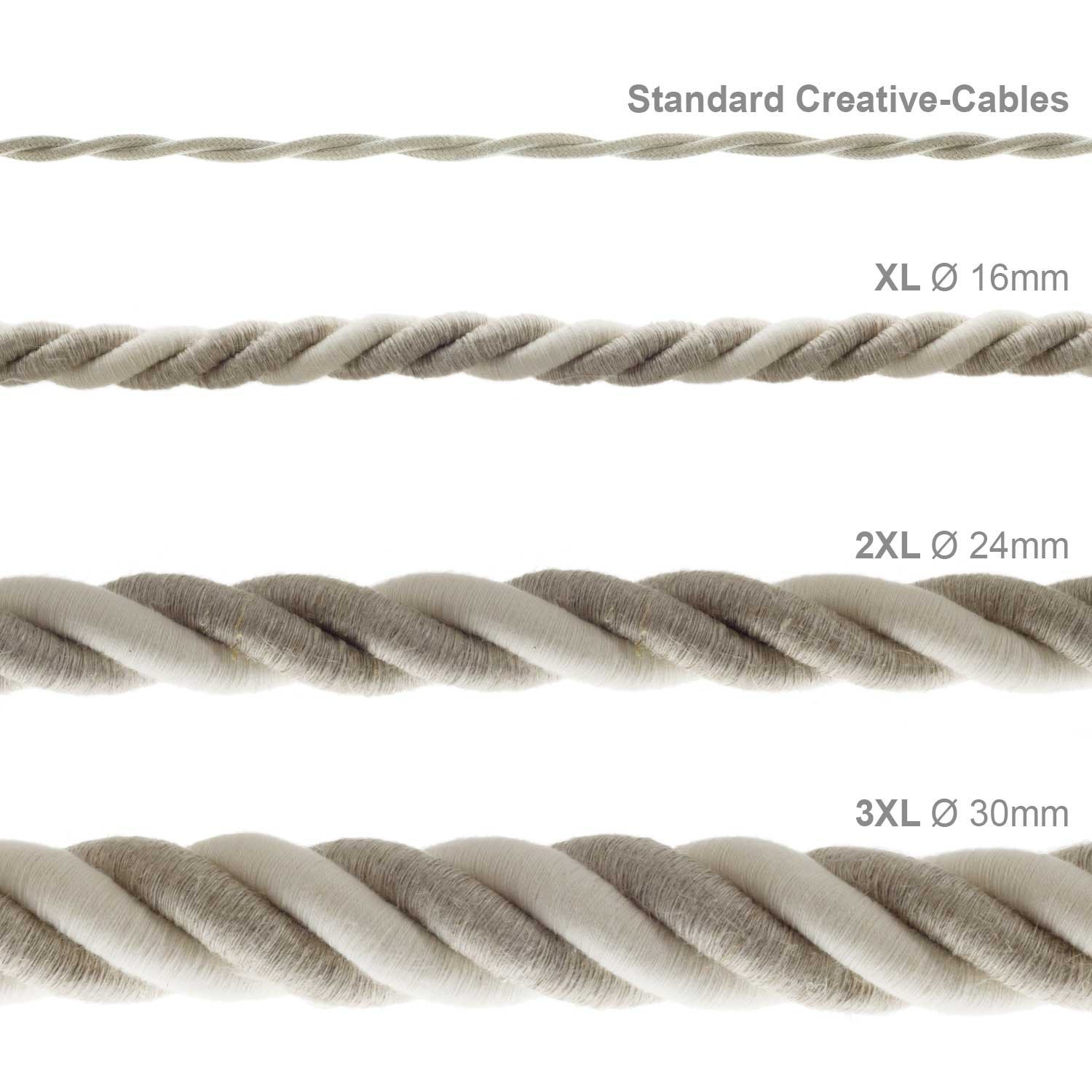 Cordón 2XL, cable eléctrico 3x0,75, recubierto en lino natural y algodón en bruto. Diámetro: 24mm.