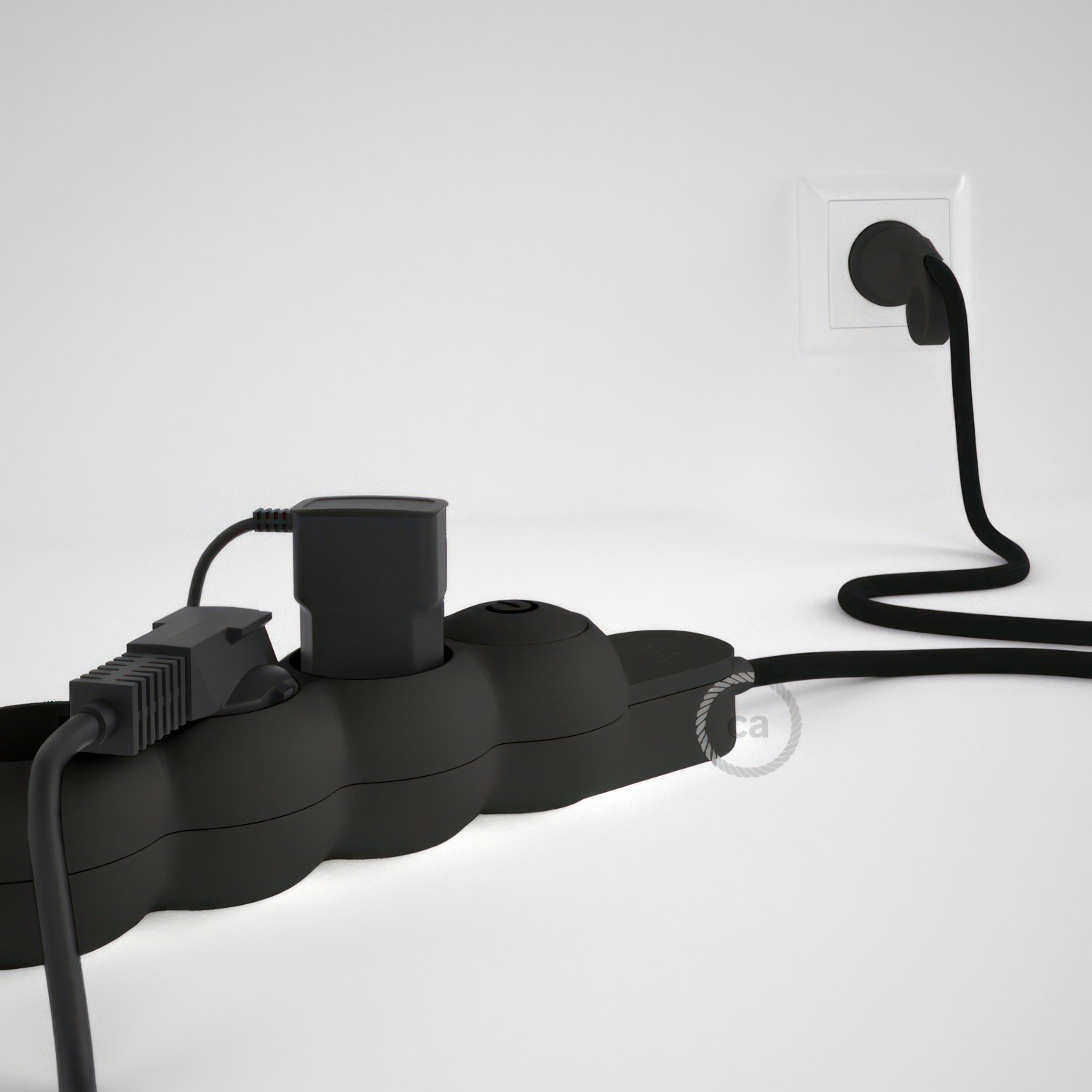 German power strip with electrical cable covered by rayon Black RM04 and Schuko plug with confort ring