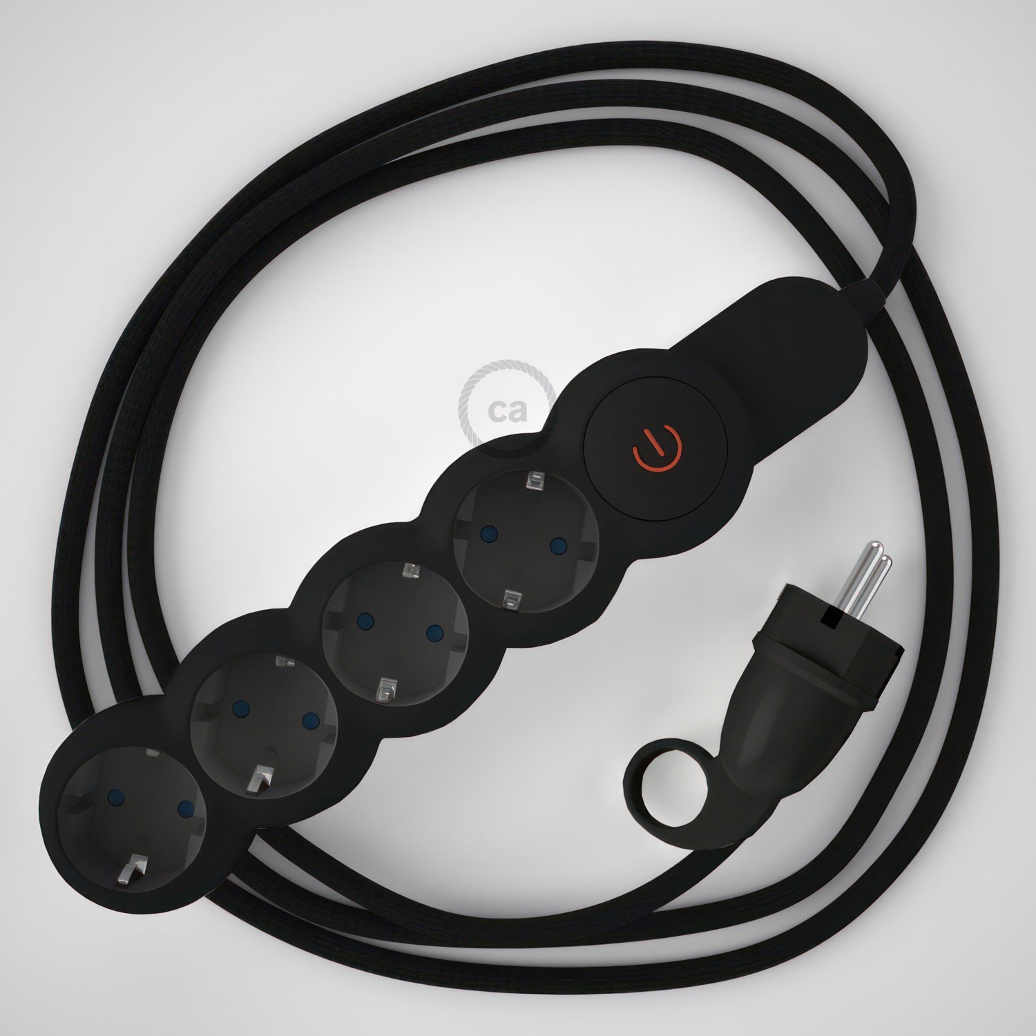 Multienchufe alemán con cable en tejido colorado efecto seda Negro RM04 y clavija Schuko con anillo comfort