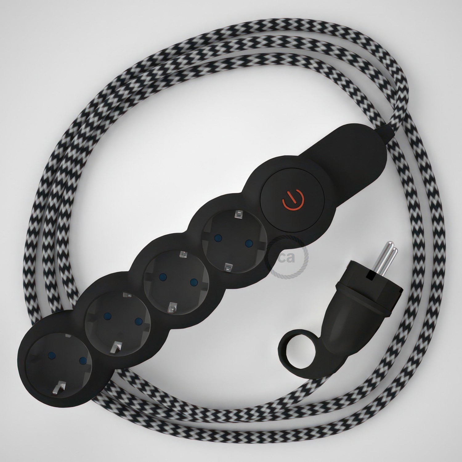 Multienchufe alemán con cable en tejido colorado efecto seda Negro ZigZag RZ04 y clavija Schuko con anillo comfort
