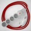 French power strip with electrical cable covered by rayon Red RM09 and Schuko plug with confort ring