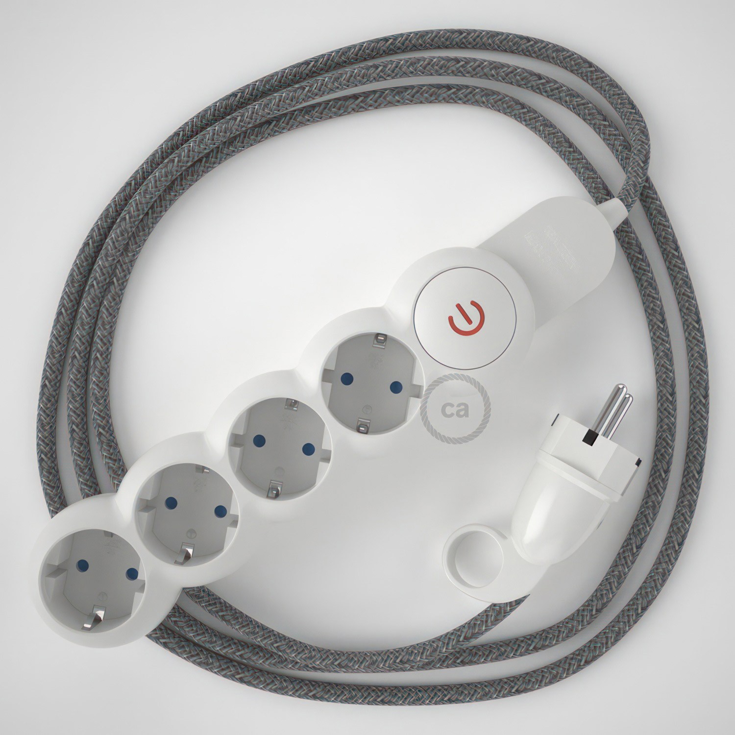 German Power Strip with electrical cable covered in Grey Natural Linen fabric RN02 and Schuko plug with confort ring