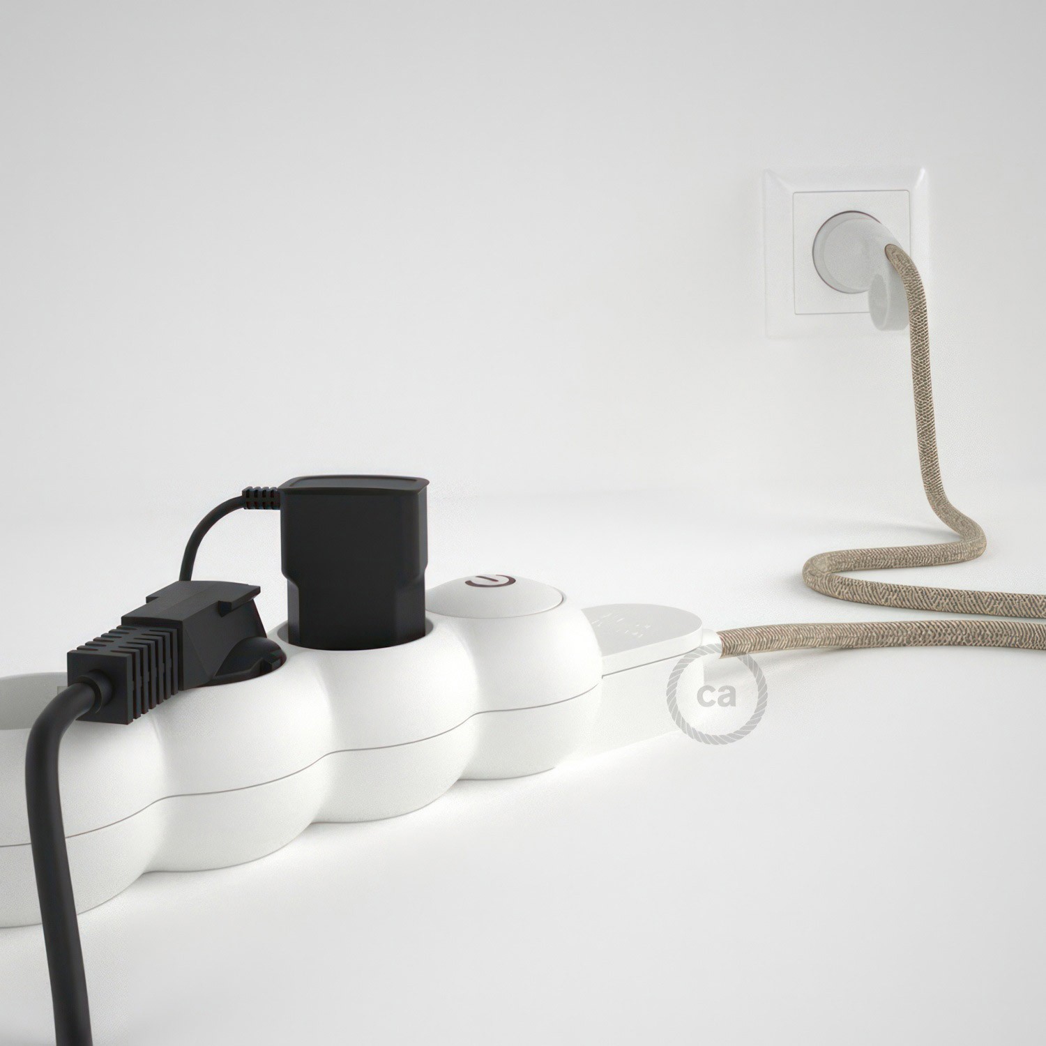 German Power Strip with electrical cable covered in Neutral Natural Linen fabric RN01 and Schuko plug with confort ring
