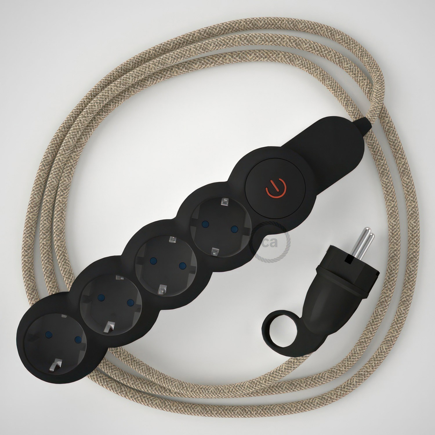 German Power Strip with electrical cable covered in Neutral Natural Linen fabric RN01 and Schuko plug with confort ring