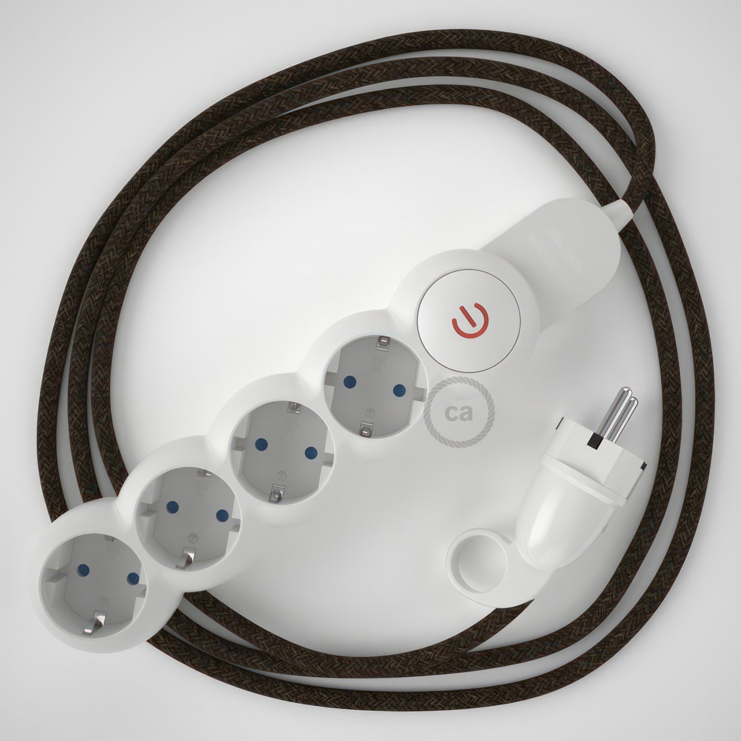 German Power Strip with electrical cable covered in Brown Natural Linen fabric RN04 and Schuko plug with confort ring