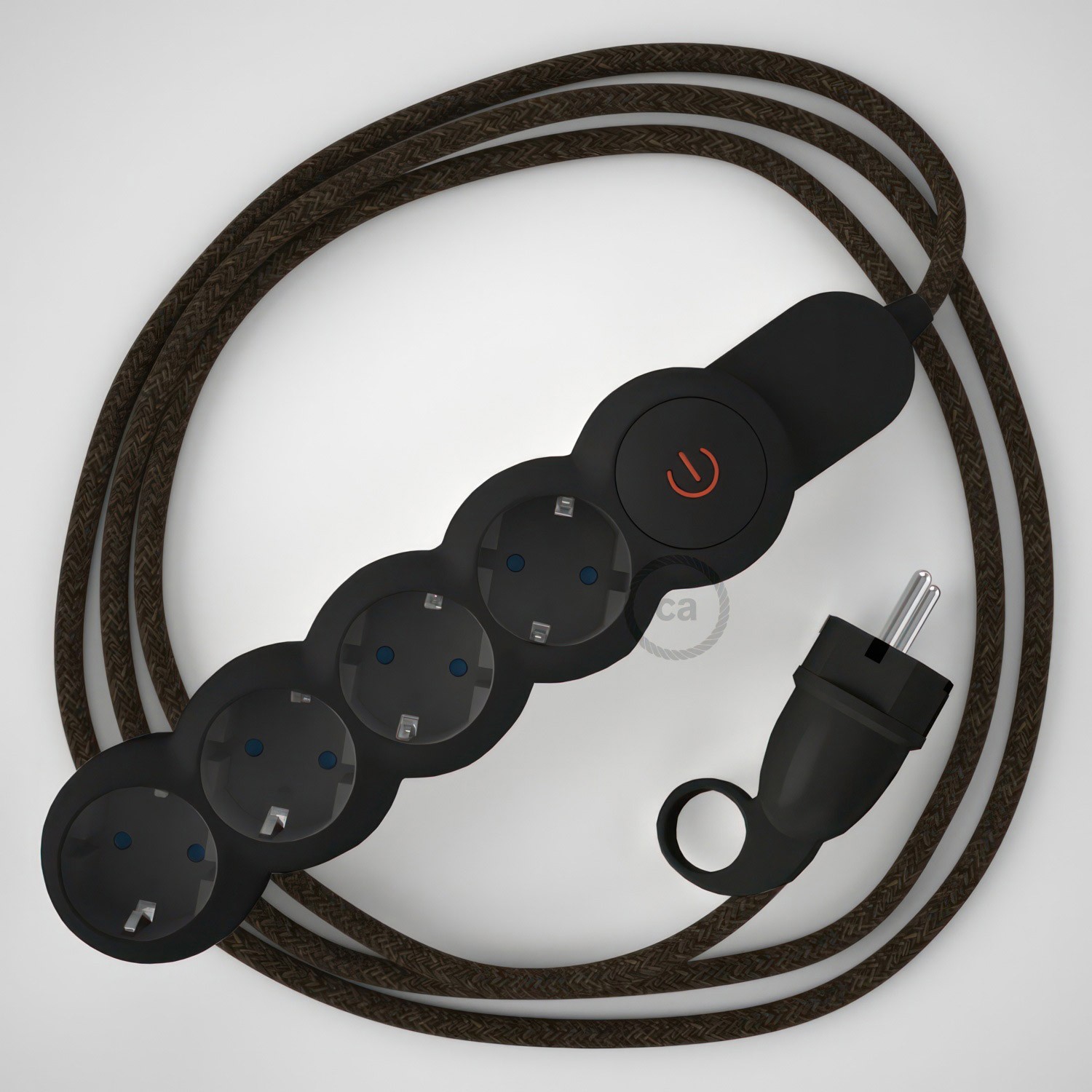 German Power Strip with electrical cable covered in Brown Natural Linen fabric RN04 and Schuko plug with confort ring