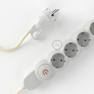 German Power Strip with electrical cable covered in rayon Ivory fabric RM00 and Schuko plug with confort ring