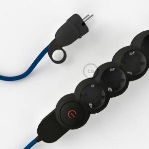 German Power Strip with electrical cable covered in rayon Blue fabric RM12 and Schuko plug with confort ring