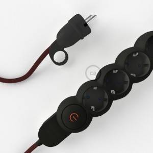 German Power Strip with electrical cable covered in rayon Burgundy fabric RM19 and Schuko plug with confort ring