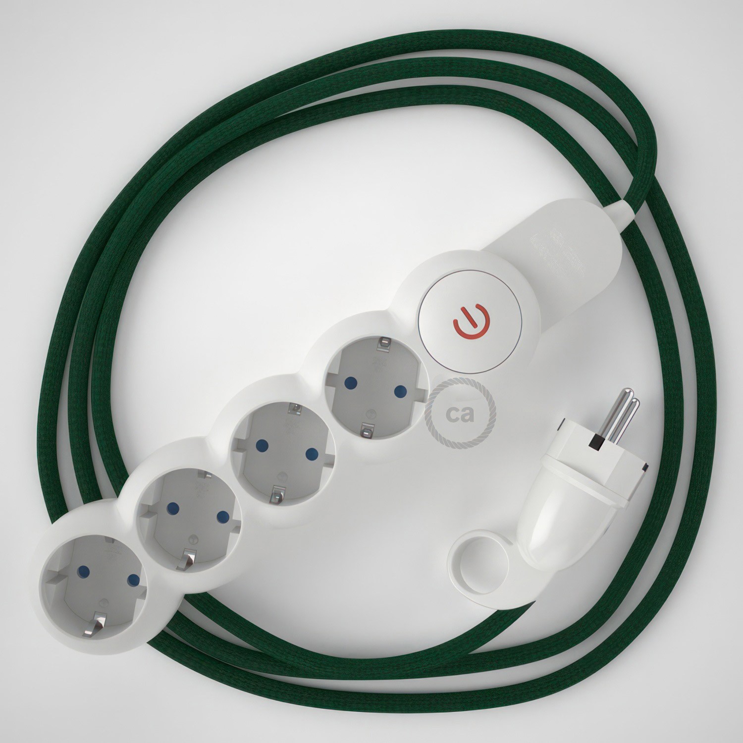 Multienchufe alemán con cable en tejido efecto seda Verde Oscuro RM21 y clavija Schuko con anillo comfort