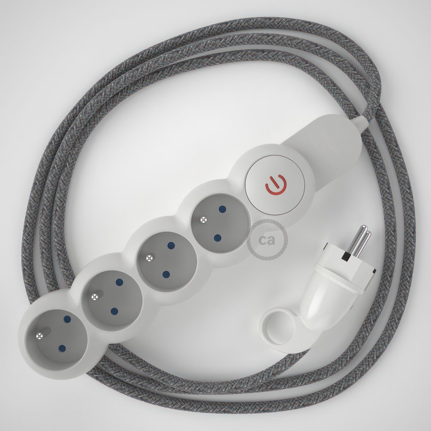 French Power Strip with electrical cable covered in Grey Natural Linen fabric RN02 and Schuko plug with confort ring