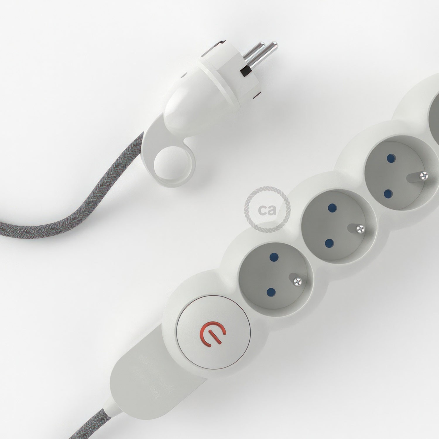French Power Strip with electrical cable covered in Grey Natural Linen fabric RN02 and Schuko plug with confort ring
