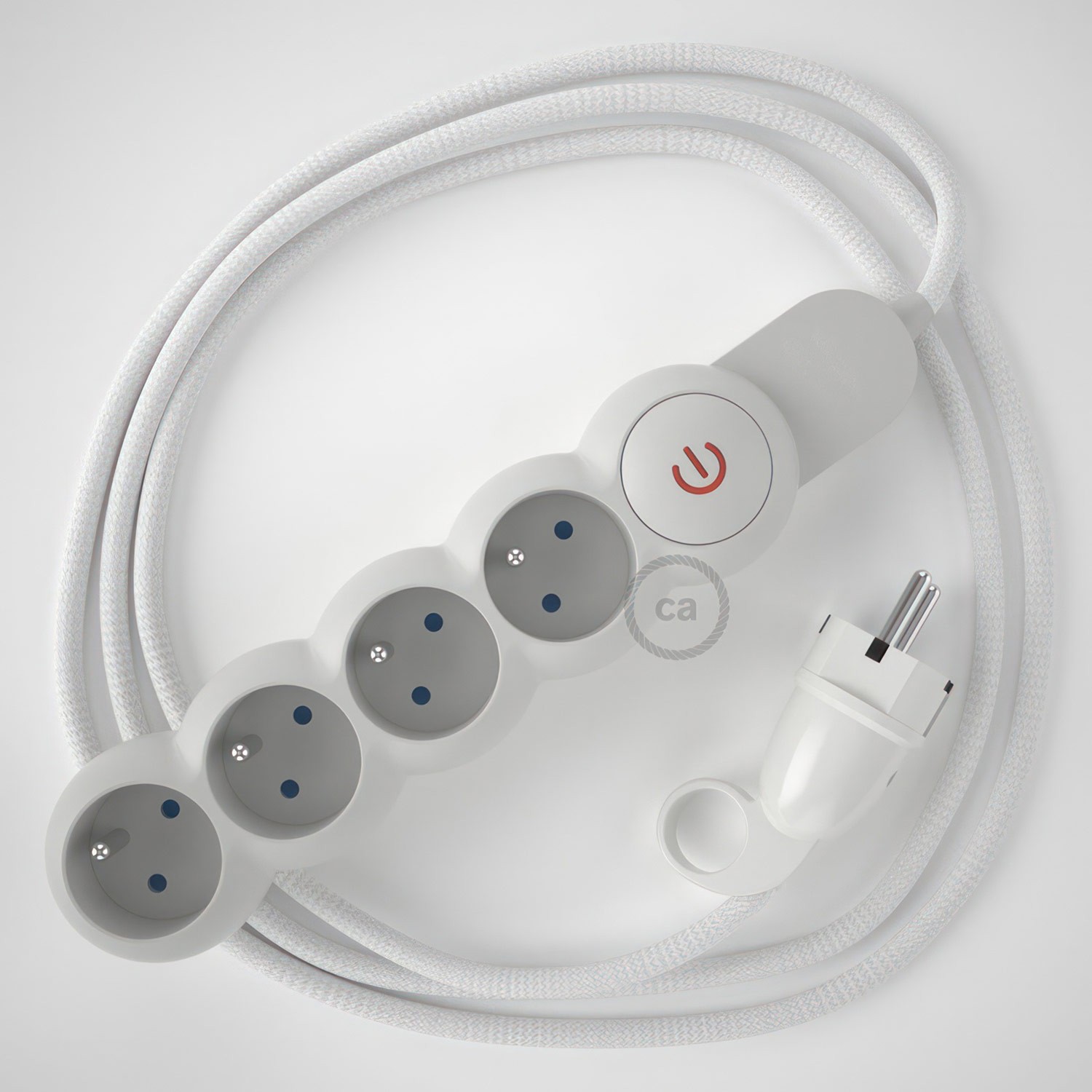 French Power Strip with electrical cable covered in rayon White fabric RM01 and Schuko plug with confort ring