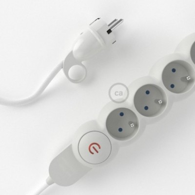 French Power Strip with electrical cable covered in rayon White fabric RM01 and Schuko plug with confort ring