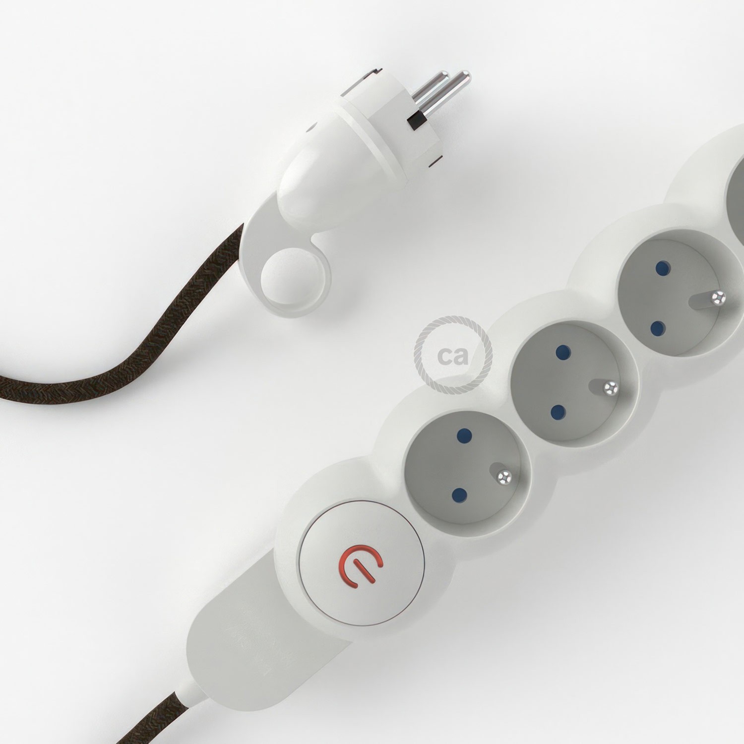 French Power Strip with electrical cable covered in Brown Natural Linen fabric RN04 and Schuko plug with confort ring