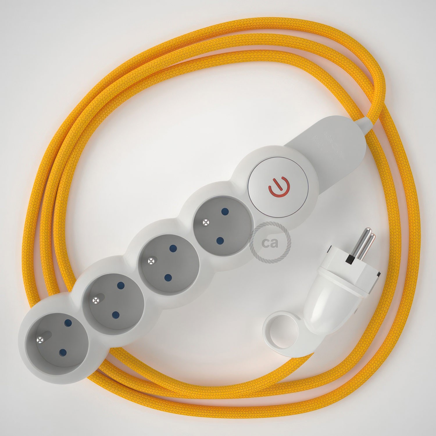 French Power Strip with electrical cable covered in rayon Yellow fabric RM10 and Schuko plug with confort ring