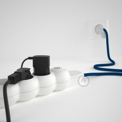 French Power Strip with electrical cable covered in rayon Blue fabric RM12 and Schuko plug with confort ring