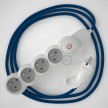French Power Strip with electrical cable covered in rayon Blue fabric RM12 and Schuko plug with confort ring