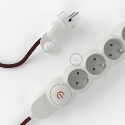 French Power Strip with electrical cable covered in rayon Burgundy fabric RM19 and Schuko plug with confort ring