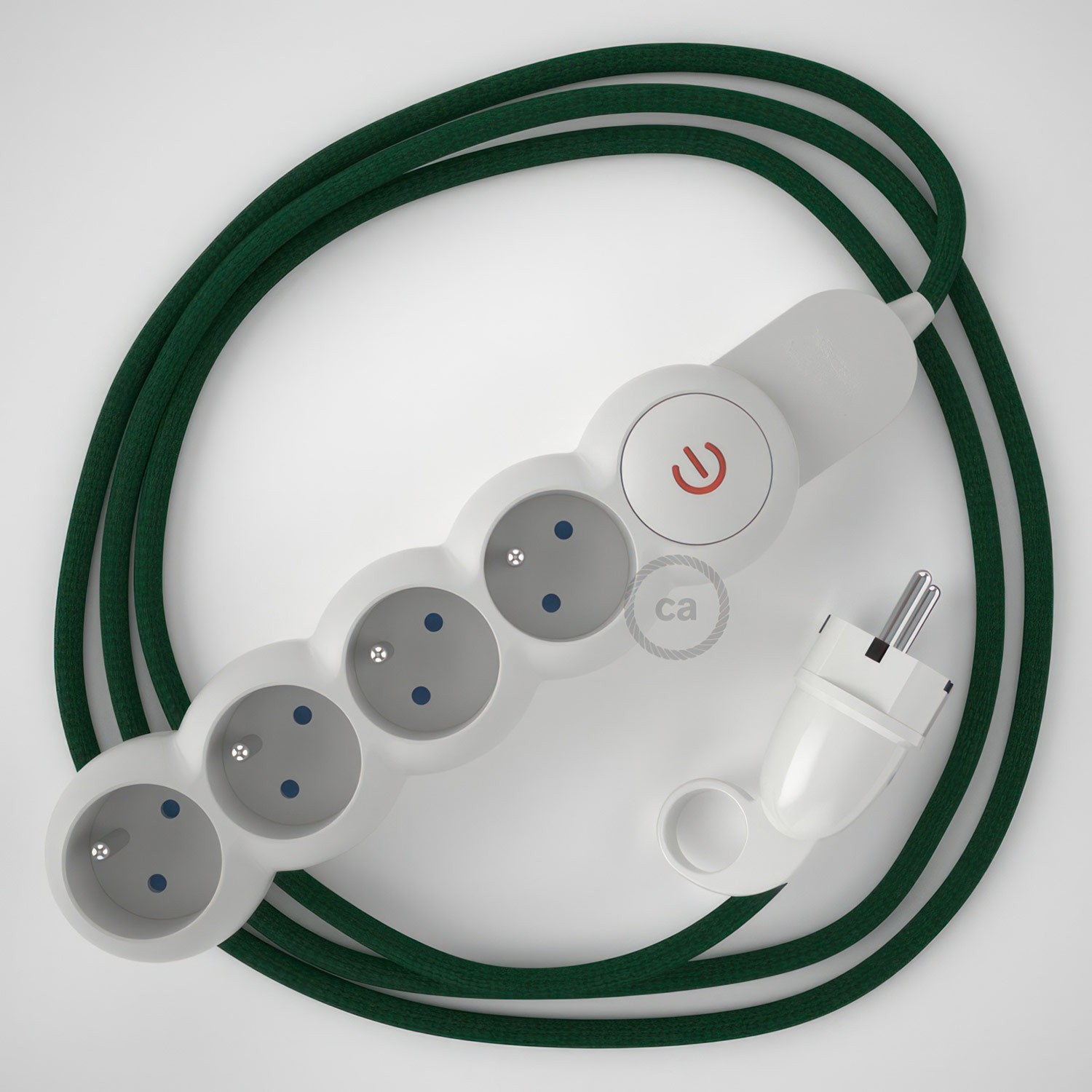 Multienchufe francés con cable en tejido efecto seda Verde Oscuro RM21 y clavija Schuko con anillo comfort