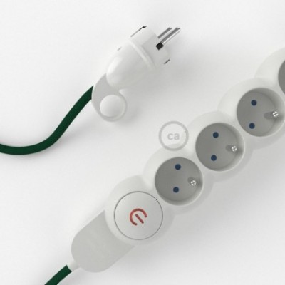 French Power Strip with electrical cable covered in rayon Dark Green fabric RM21 and Schuko plug with confort ring