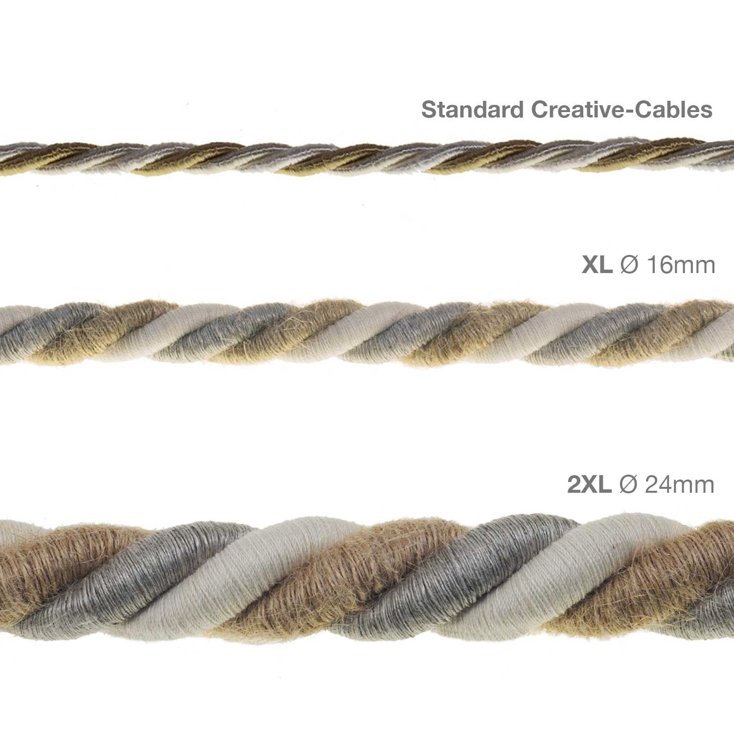 Cordon XL, cable eléctrico 3x0,75. Revestimiento de yute, algodón y lino Country. Diámetro: 16mm.