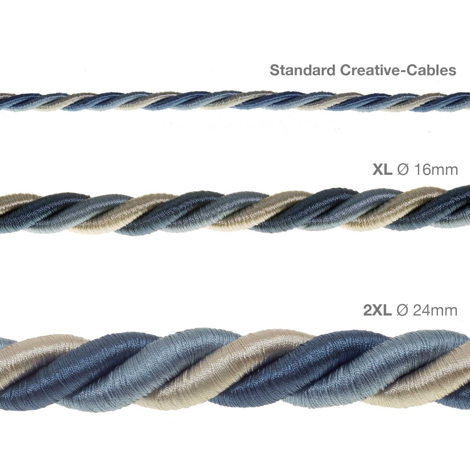 Cordon XL, cable eléctrico 3x0,75. Revestimiento de tejido lucído Bernadotte. Diámetro: 16mm.