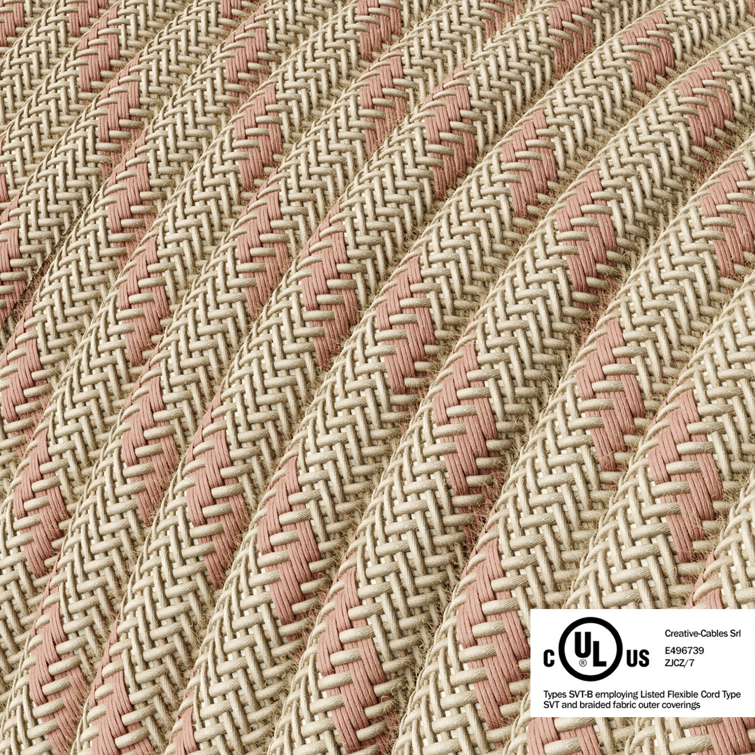 Round Electric Cable 150 ft (45,72 m) coil RD51 Stripes Ancient Pink Cotton and Natural Linen - UL listed