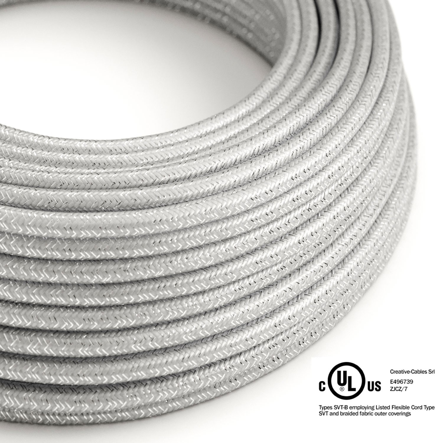 Cable eléctrico redondo en bobina de 45.72 mts (150 pies) RL02 Efecto Seda Plateado Glitter - Homologado UL