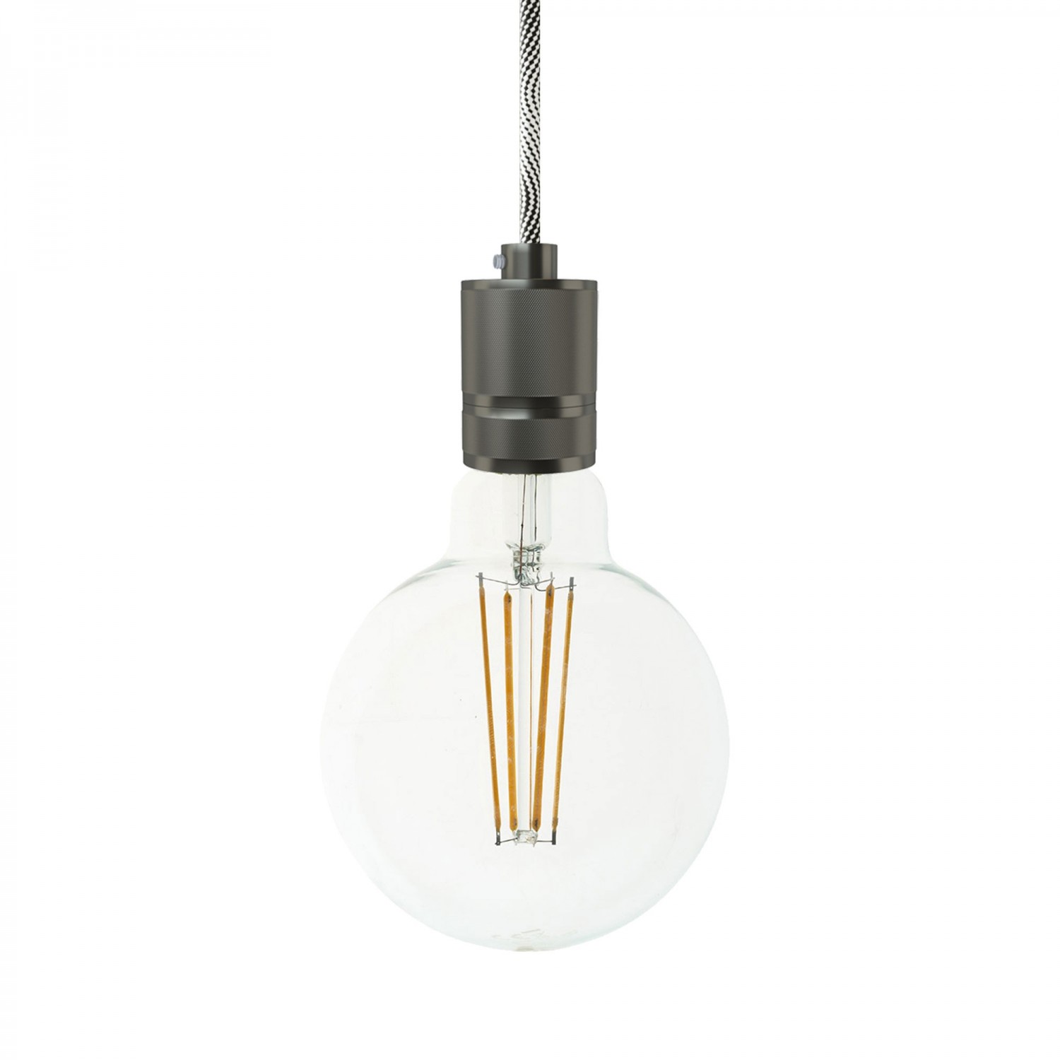 Lámpara colgante hecha en Italia con cable textil y portalámparas de aluminio moleteado