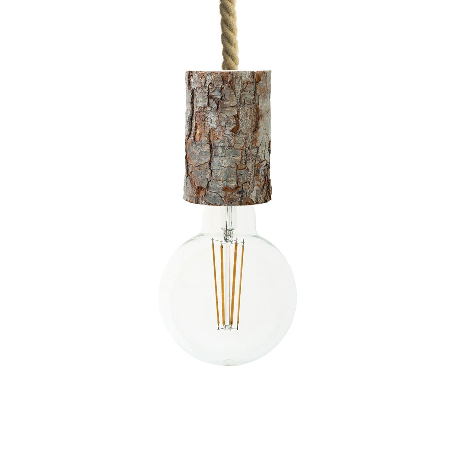 Lámpara colgante hecha en Italia con cordón náutico XL y portalámparas en corteza