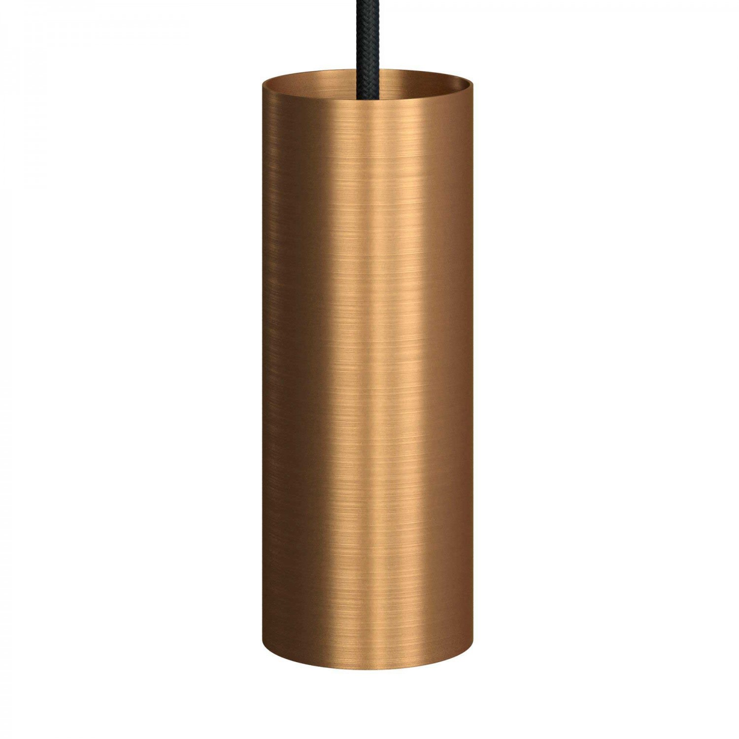 Lámpara colgante hecha en Italia con cable textil, pantalla Tub-E14 y detalles de metal