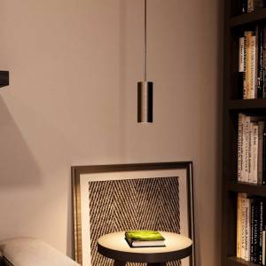 Lámpara colgante hecha en Italia con cable textil, pantalla Tub-E14 y detalles de metal
