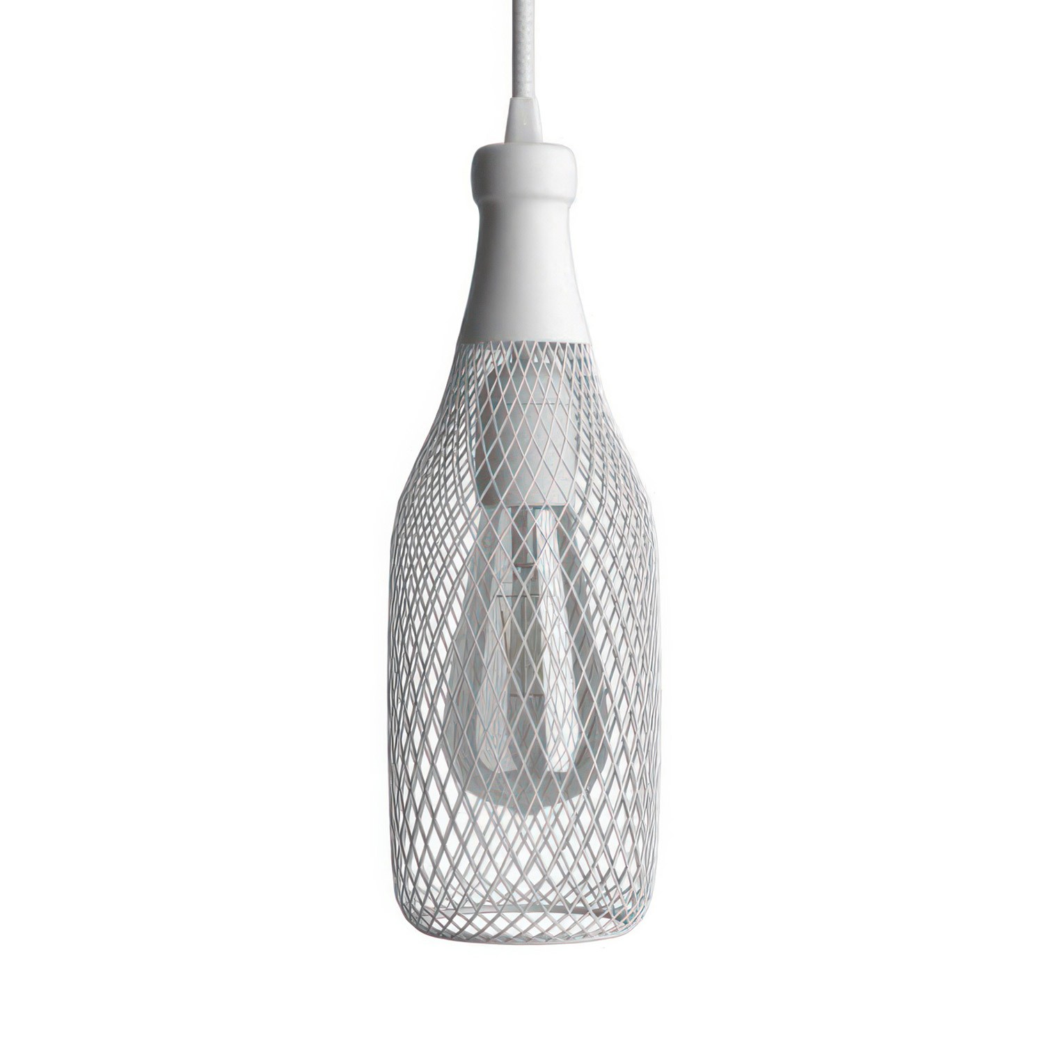 Lámpara colgante hecha en Italia con cable textil, pantalla botella Magnum con detalles metálicos