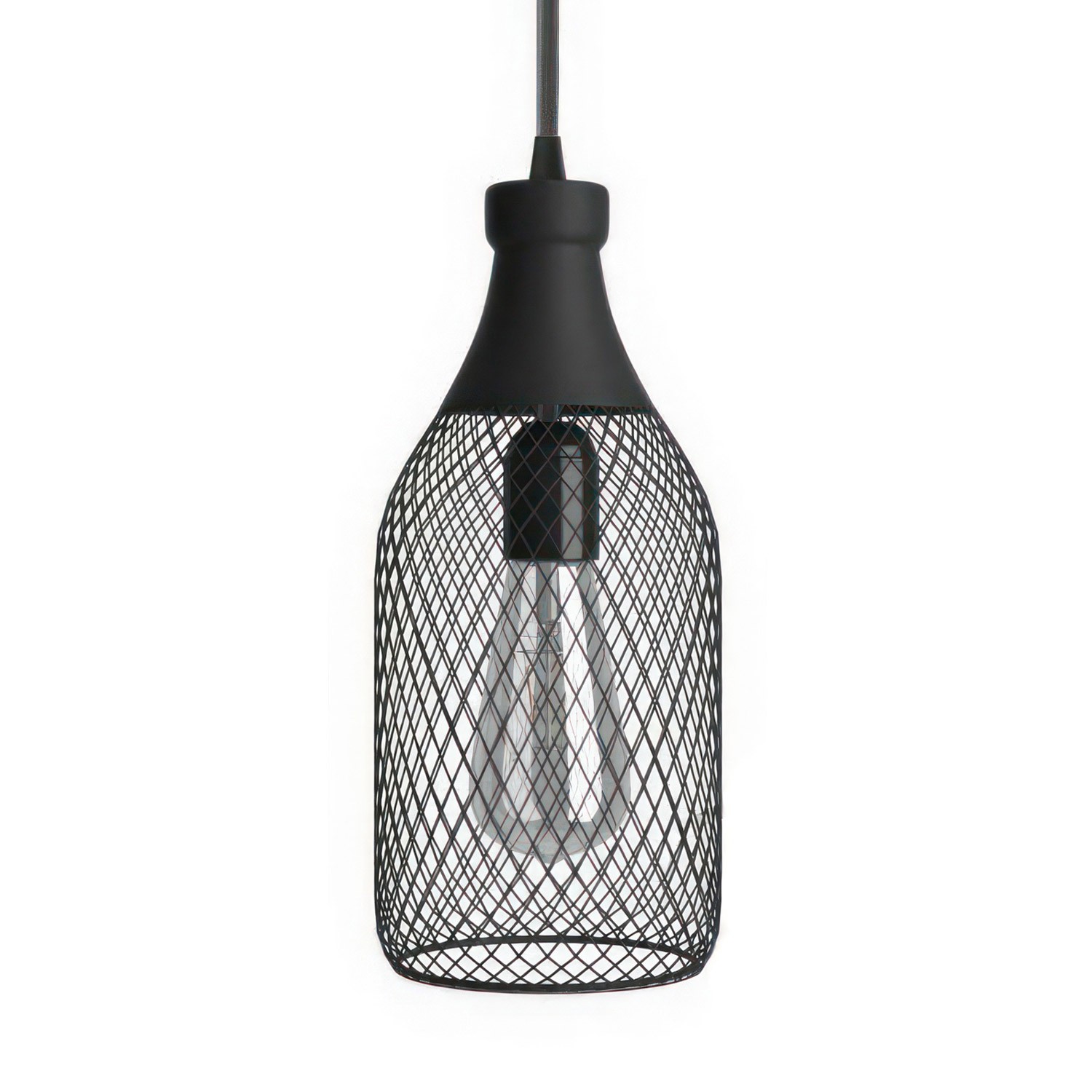 Lámpara colgante hecha en Italia con cable textil, pantalla botella Jeroboam con detalles metálicos