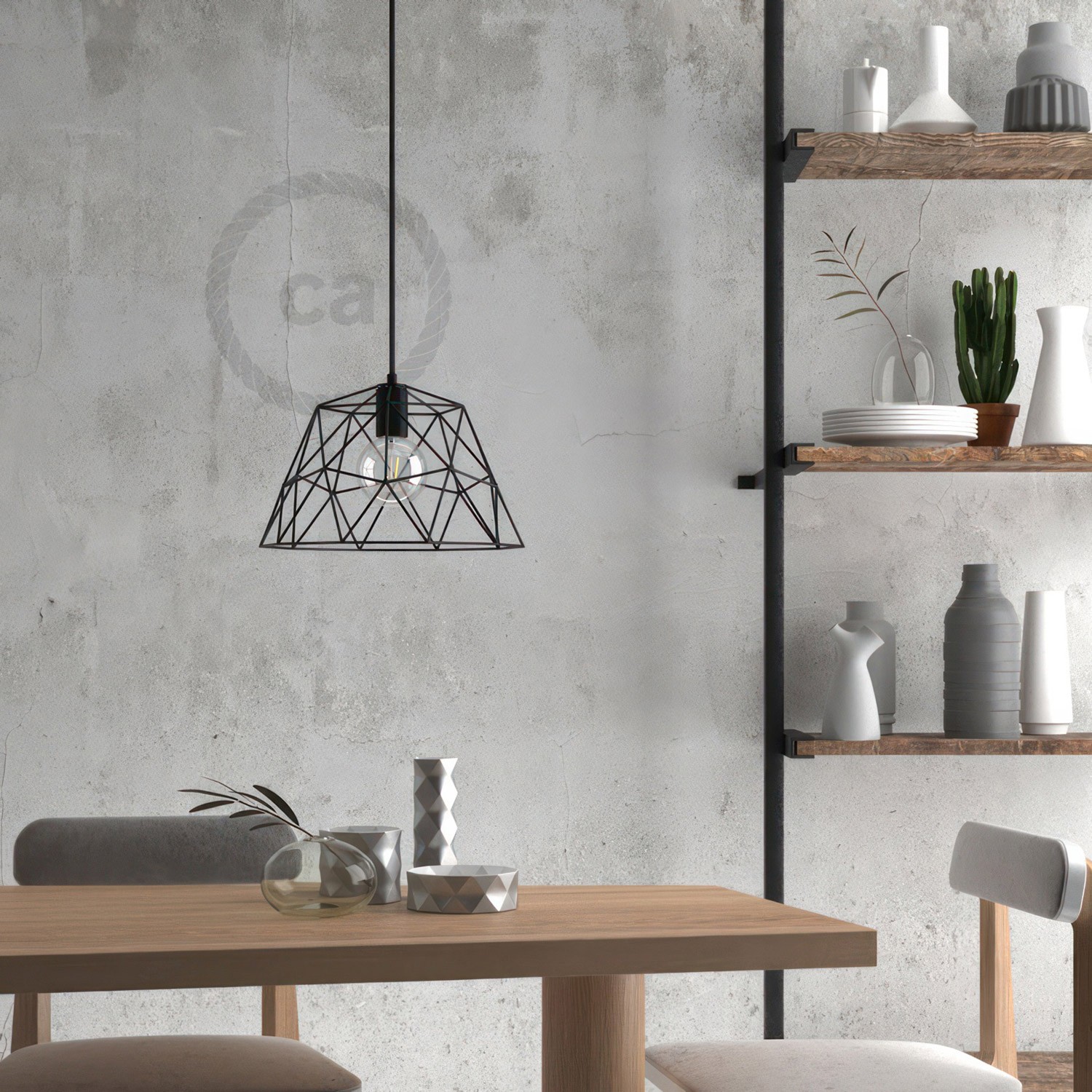 Pendant lamp with textile cable, Dome lampshade and metal details - Made in Italy