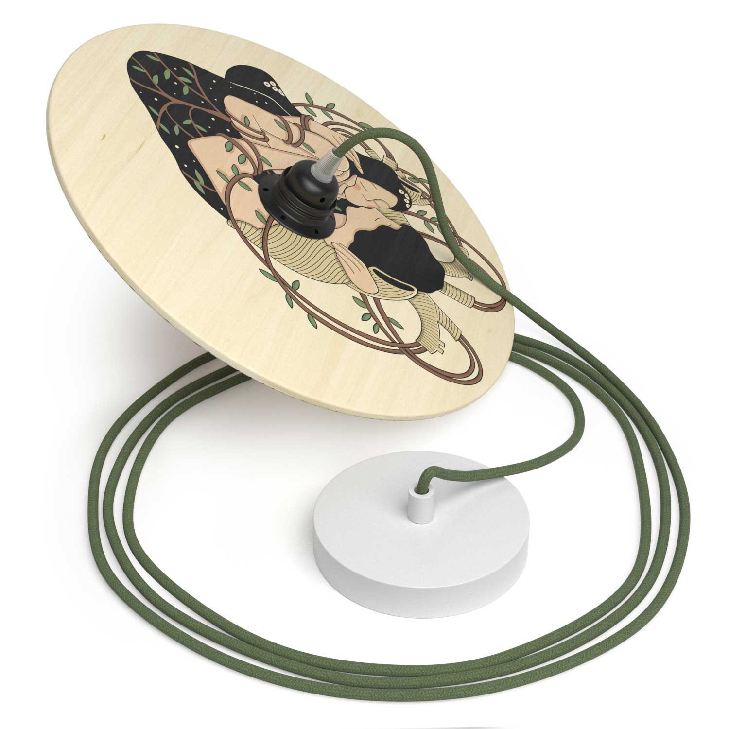 Lámpara colgante hecha en Italia con cable textil, pantalla de madera UFO de doble cara y acabados metálicos