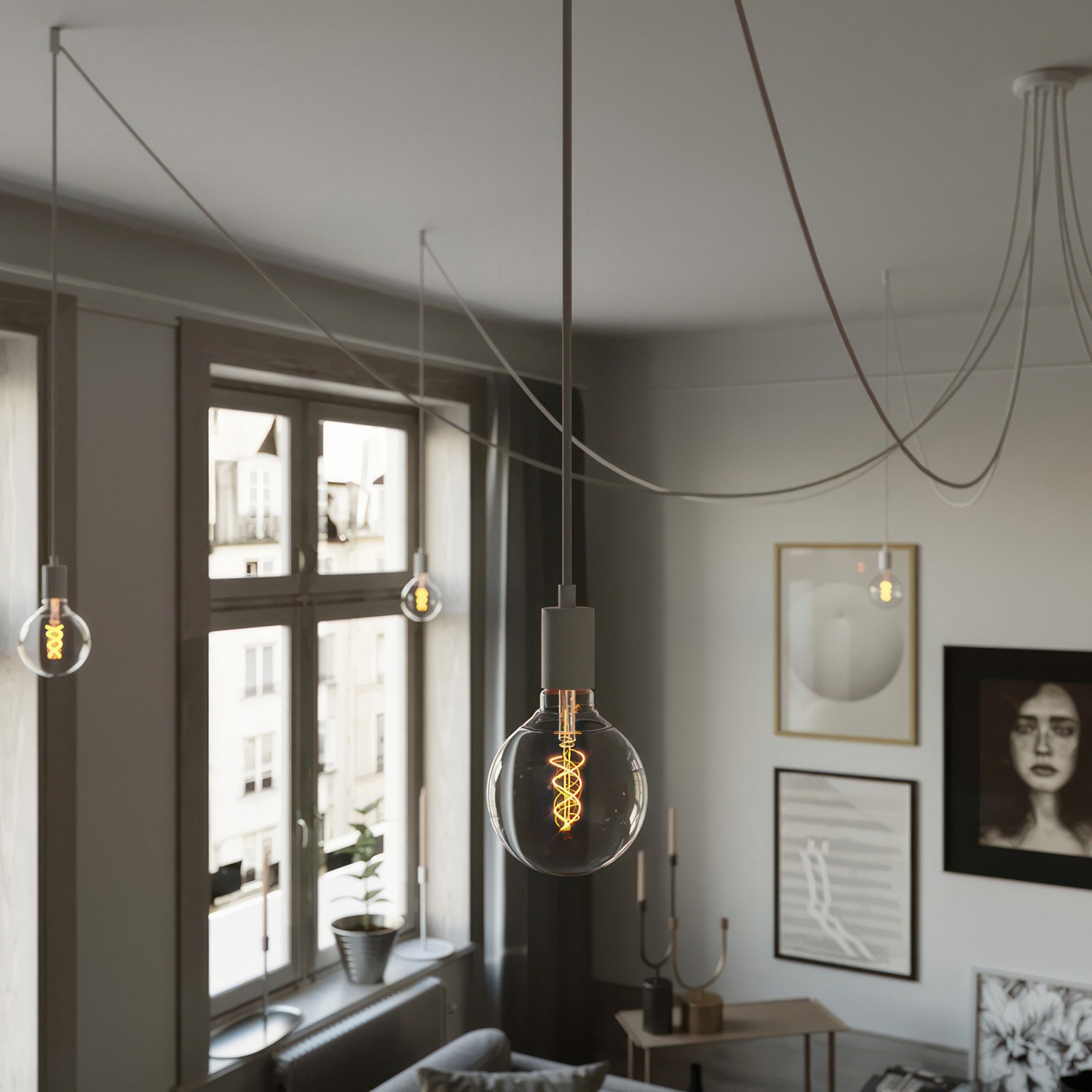 Spider - Suspension with 7 pendants Made in Italy complete with fabric cable, and metal finishes