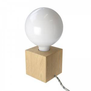 Posaluce Cubetto, lámpara de mesa en madera natural completa con cable textil, interruptor y enchufe de 2 polos