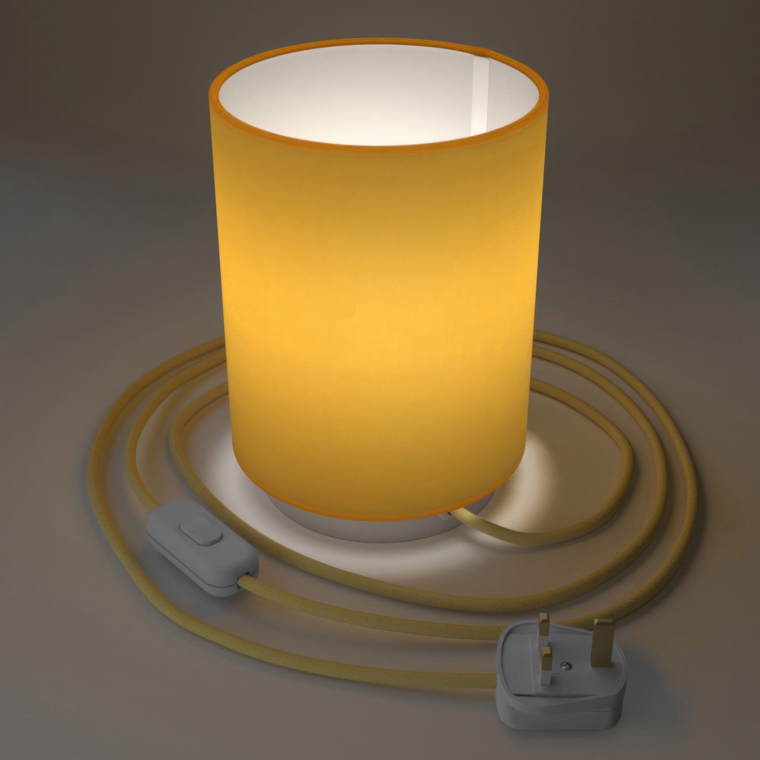 Posaluce de metal con pantalla de cilindro Amarillo Brillante, completo con cable textil, interruptor y enchufe inglesa